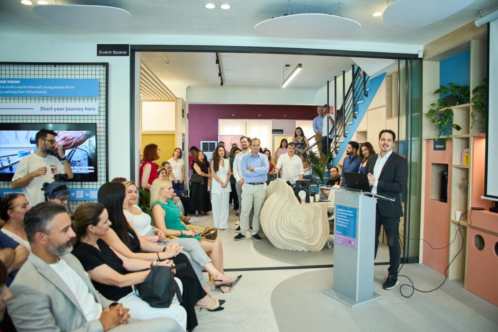 Jai Mexis, CEO and founder of Odyssea, sharing the organisation's vision for the city of Thessaloniki with all the guests and partners present during the inauguration of the Odyssea Youth Center in Thessaloniki